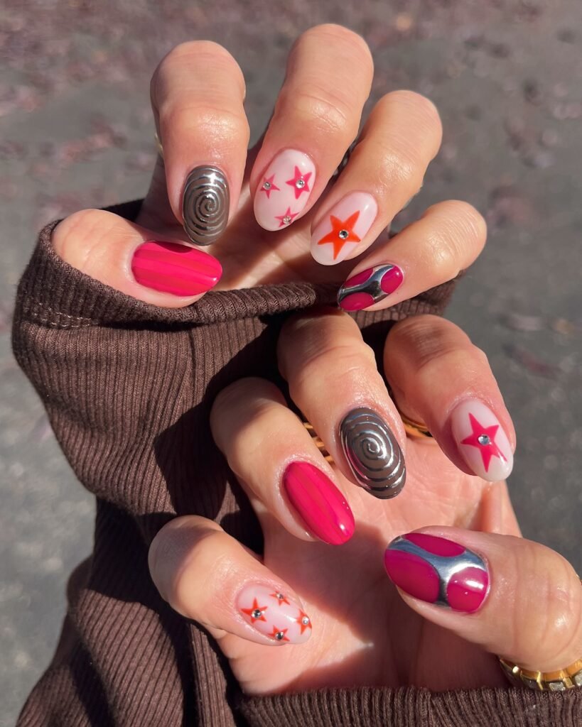 Bright Star & Chrome Mix Nails
