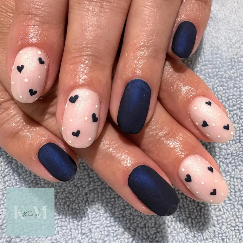 Matte Navy and Heart Dotted Nails