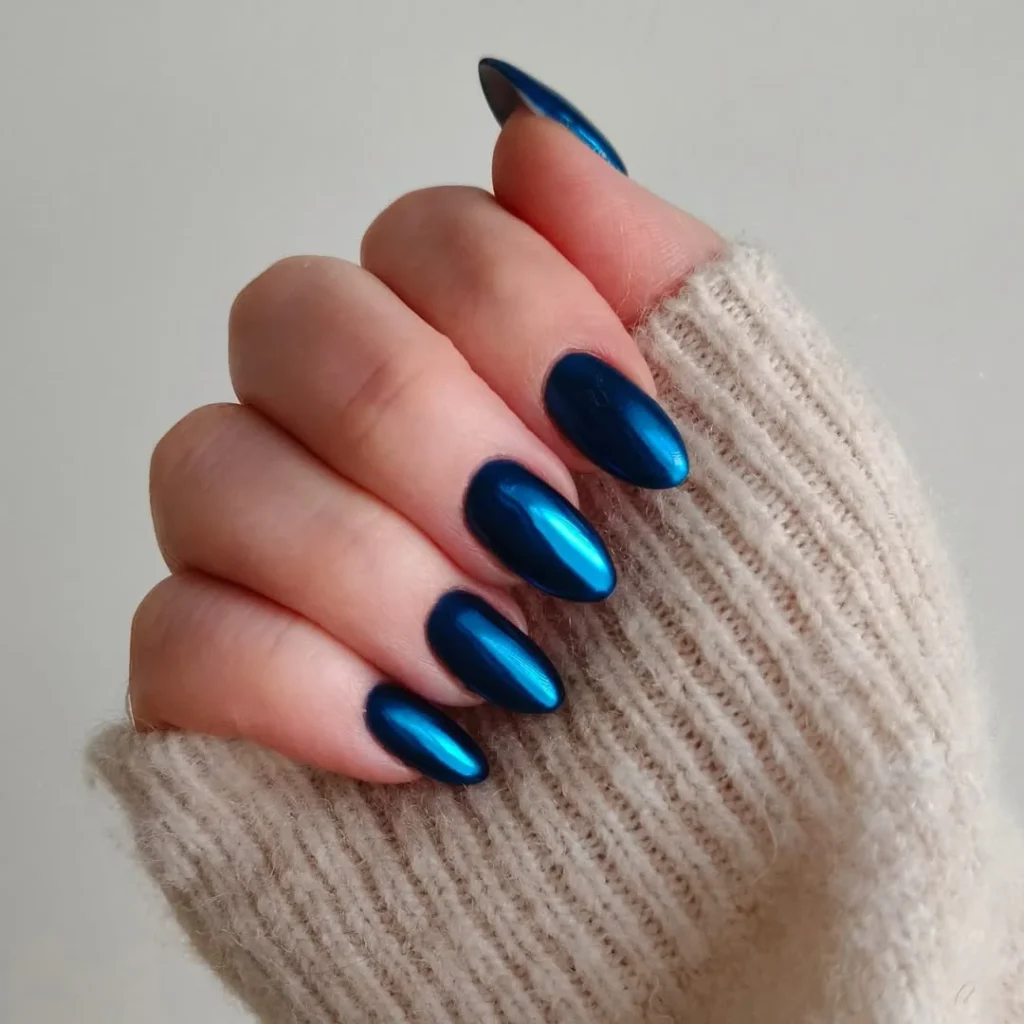 Metallic Deep Blue Almond Nails