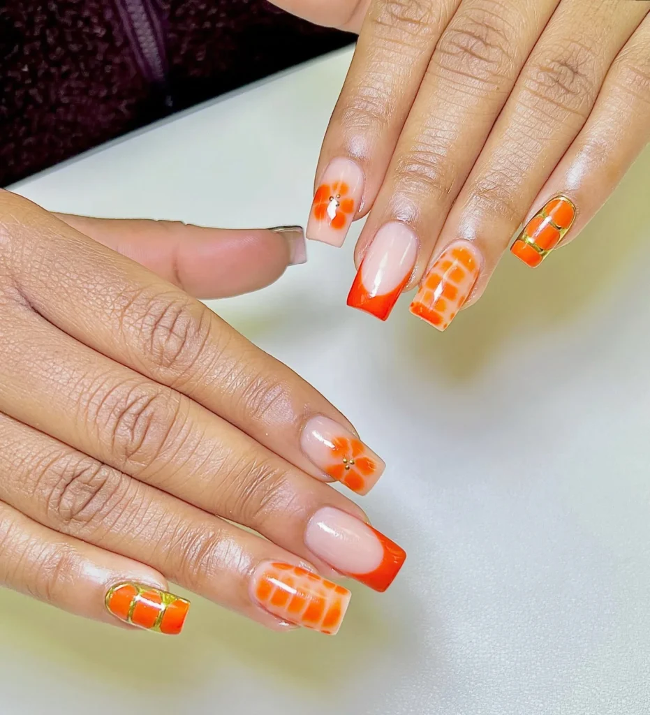 Orange Plaid French Tips