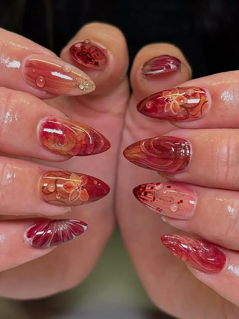  Red Bloom Gloss Nails