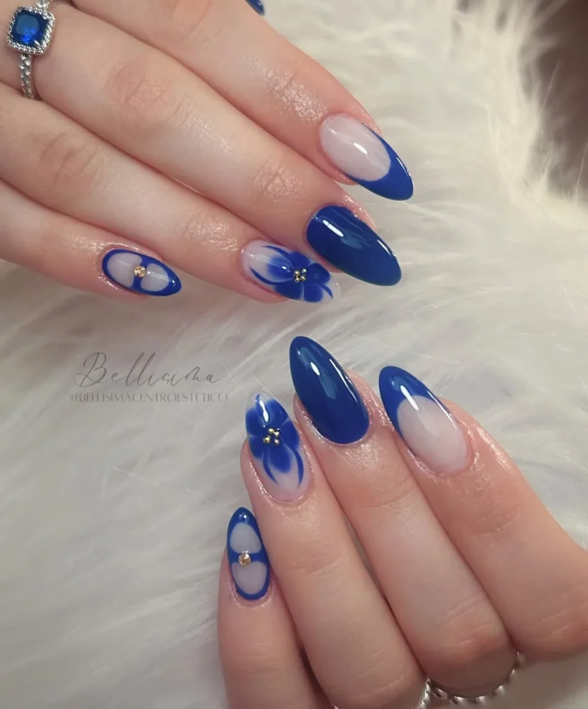  Royal Blue Floral Accent Nails