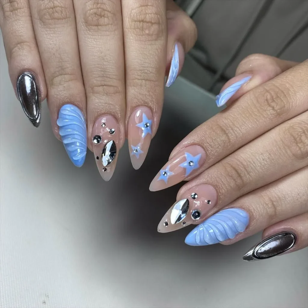 Sky Blue Stars and Chrome Mix Nails