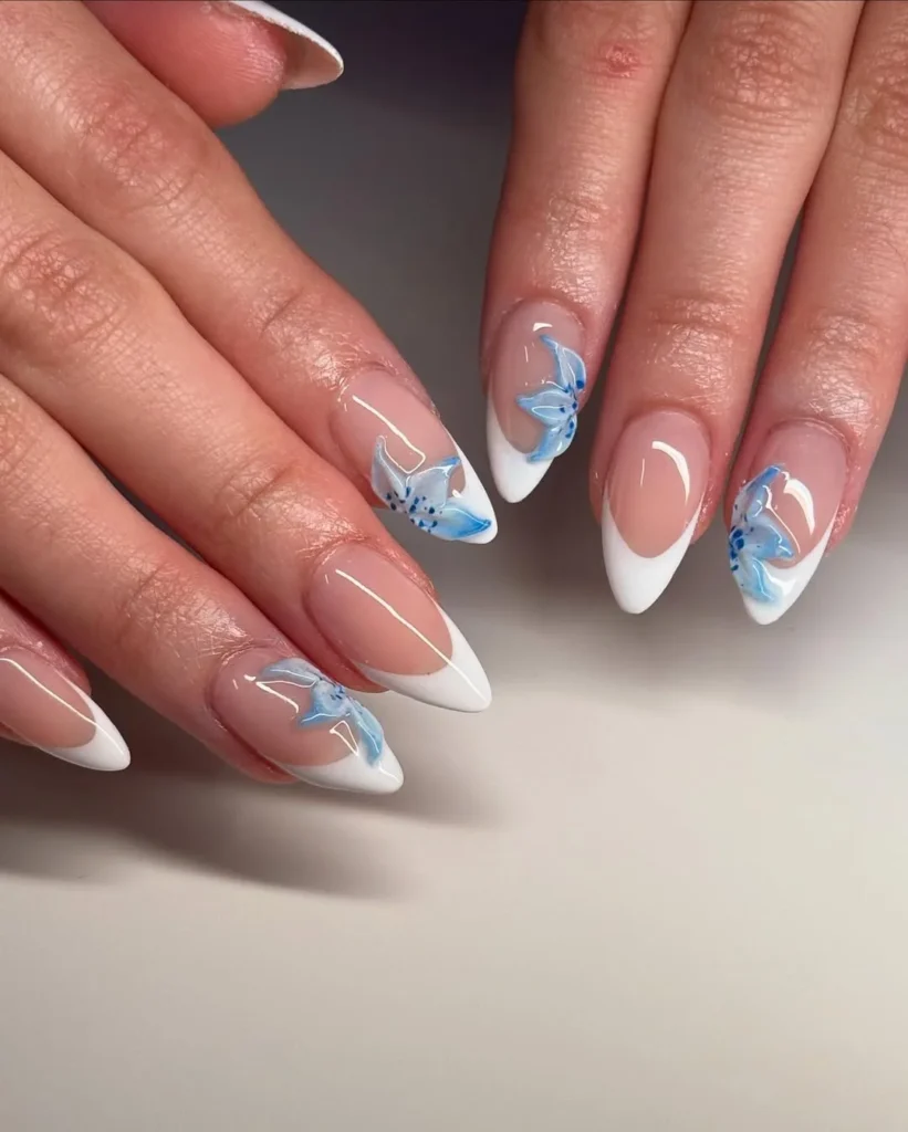  White French Nails With Blue Flowers