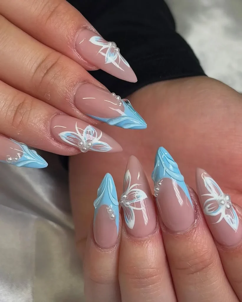  Light Blue Floral 3D Tip Nails