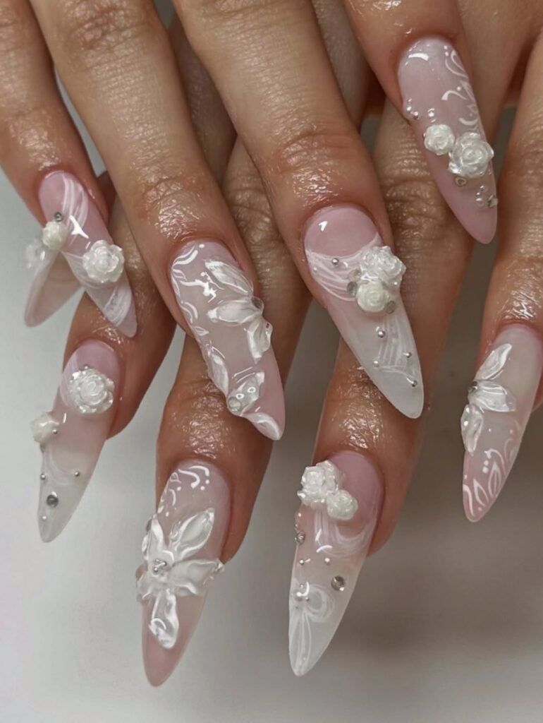 3D White Rose Sculpted Nails