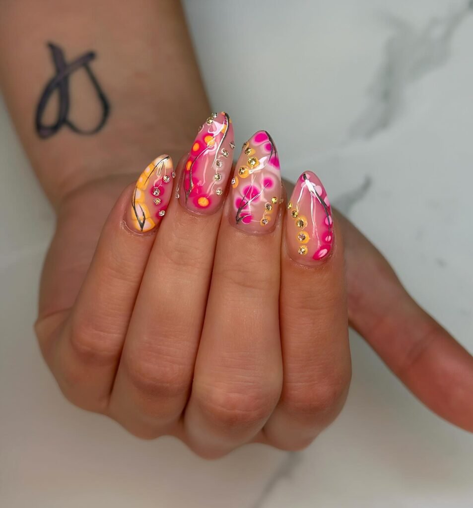Bright Pink Dotted Almond Nails