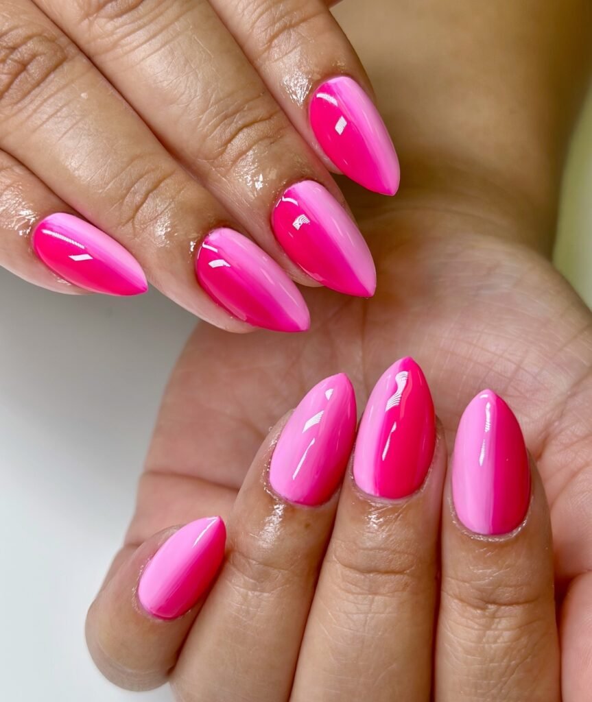 Bright Pink Gradient Almond Nails