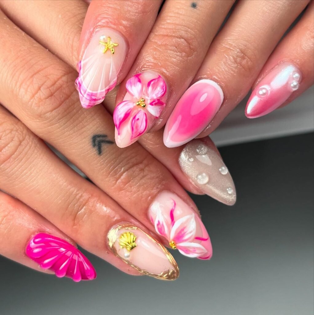 Glossy Pink Floral Nails