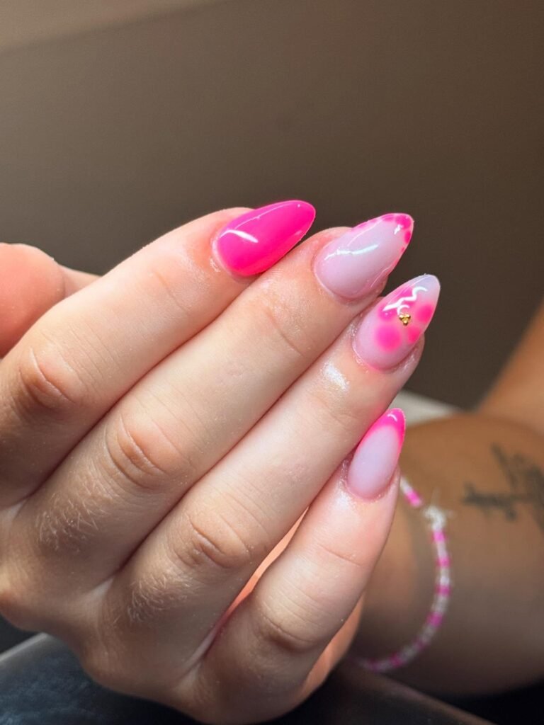 Hot Pink Accent Almond Nails