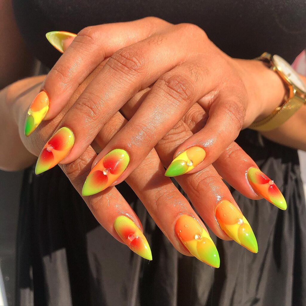 Neon Sunset Blossom Nails