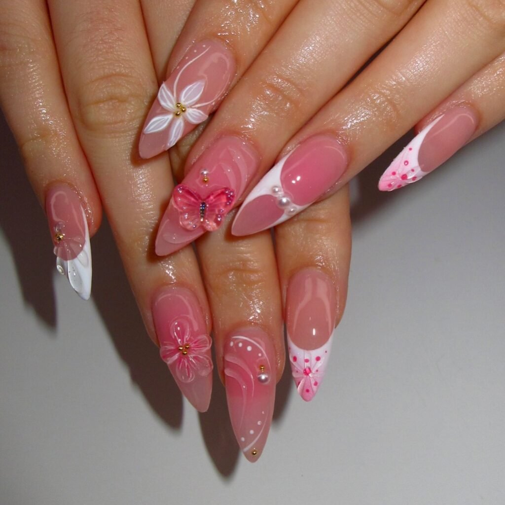 Pearly Pink Butterfly Nails