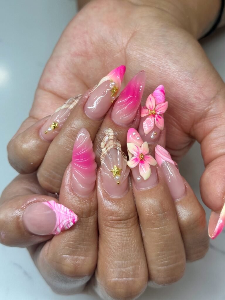 Pink 3D Floral Stiletto Nails