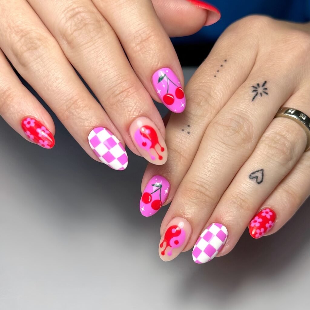 Pink Cherry Picnic Nails