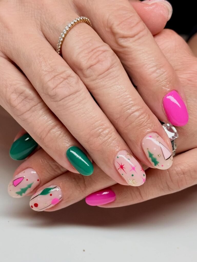 Pink & Green Holiday Pop Nails