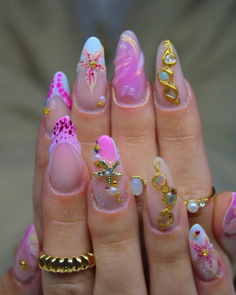 Pink Mermaid Charm Nails