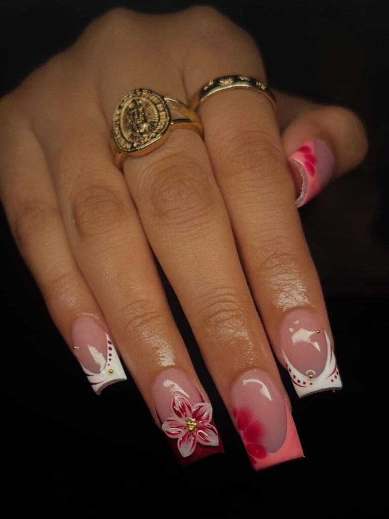  Pink Petal French Square Nails