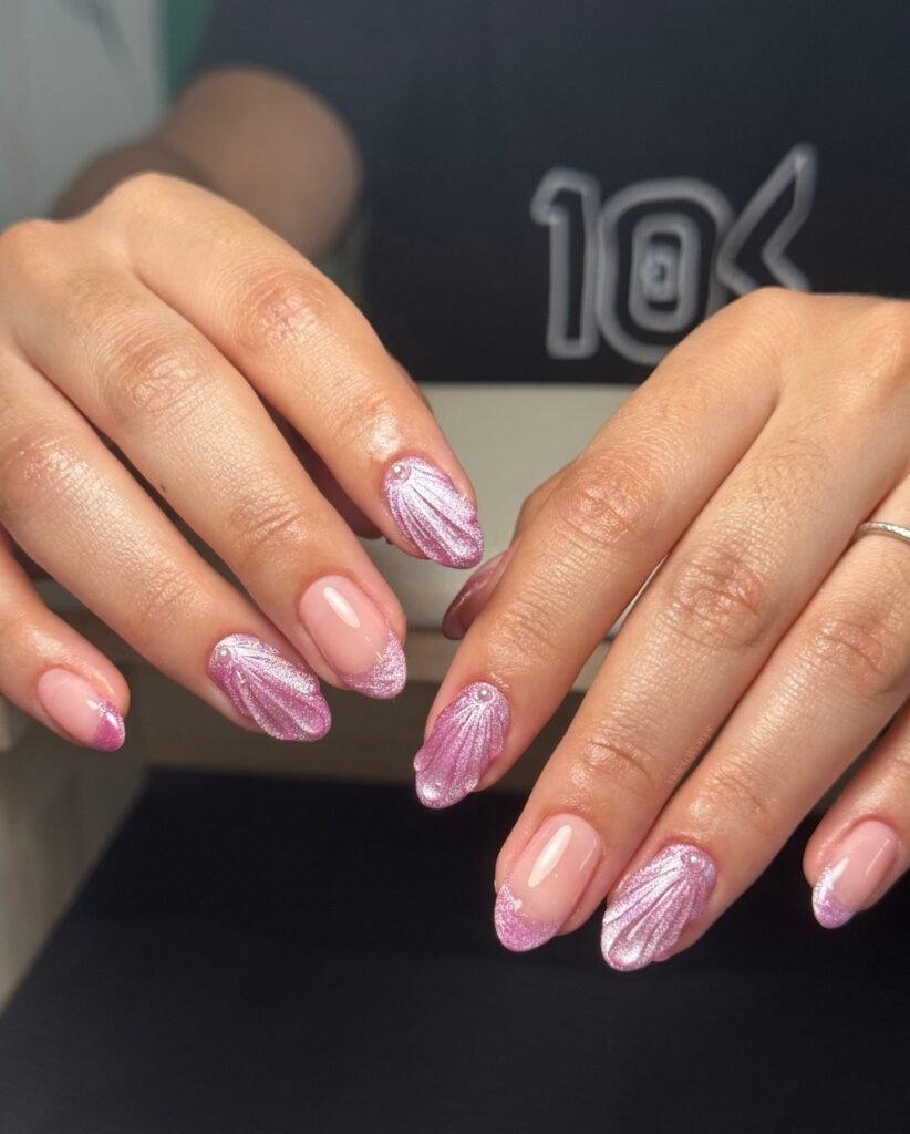 Pink Shell Sparkle Nails