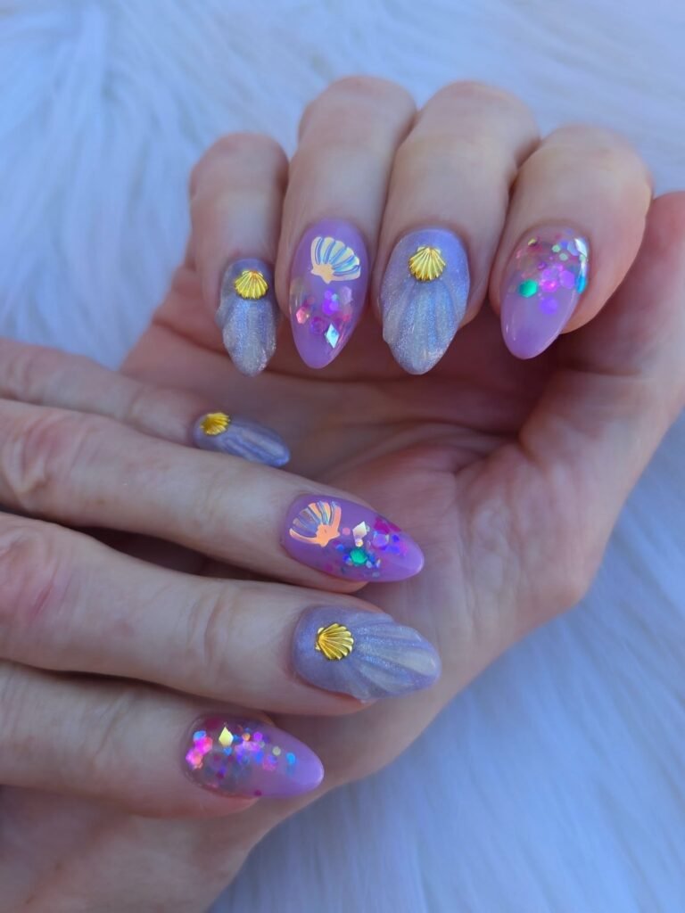 Purple Shell Glitter Nails