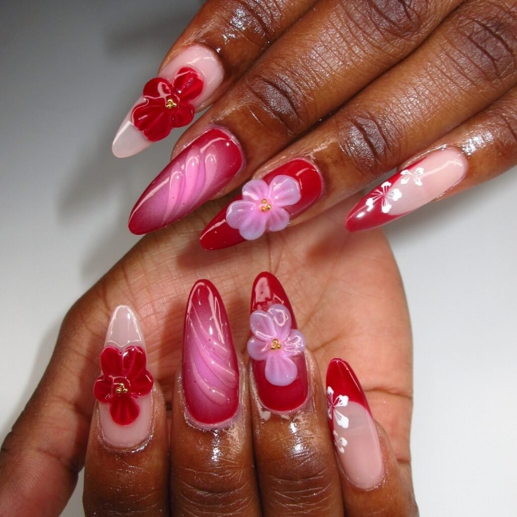 Red and Pink Floral Summer Nails