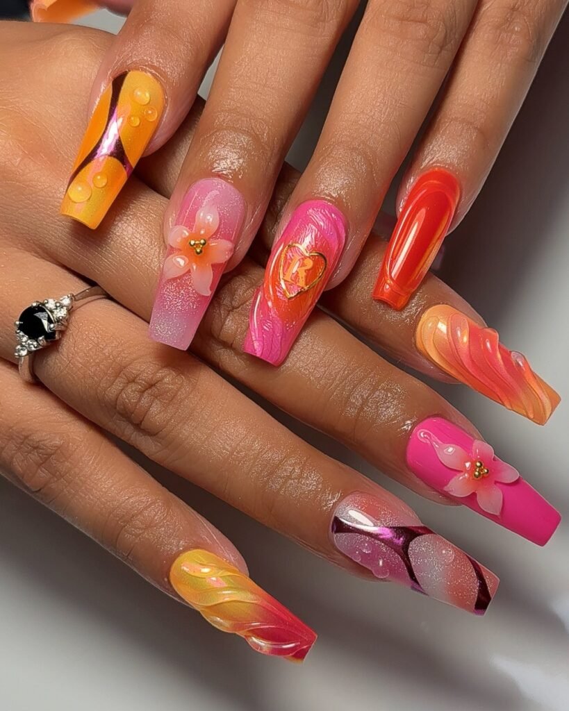 Sunset Bloom Long Square Nails