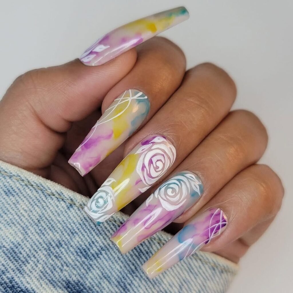 Watercolor Rose Coffin Nails