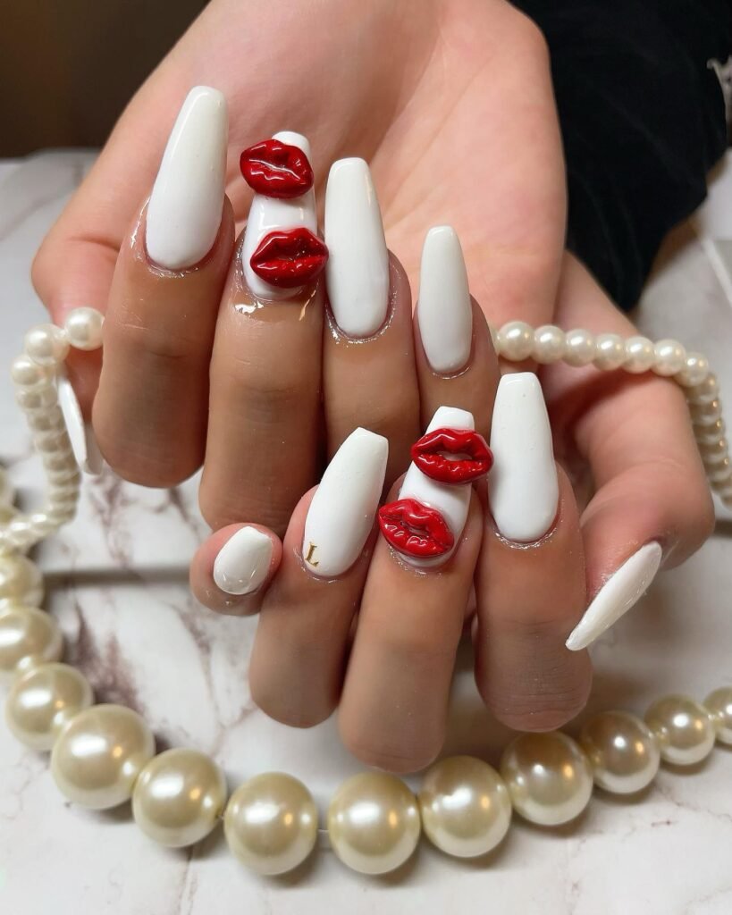  White 3D Kiss Nails