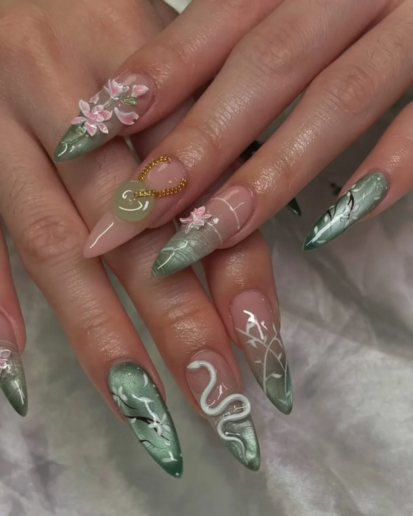 Floral Jade Accent Nails