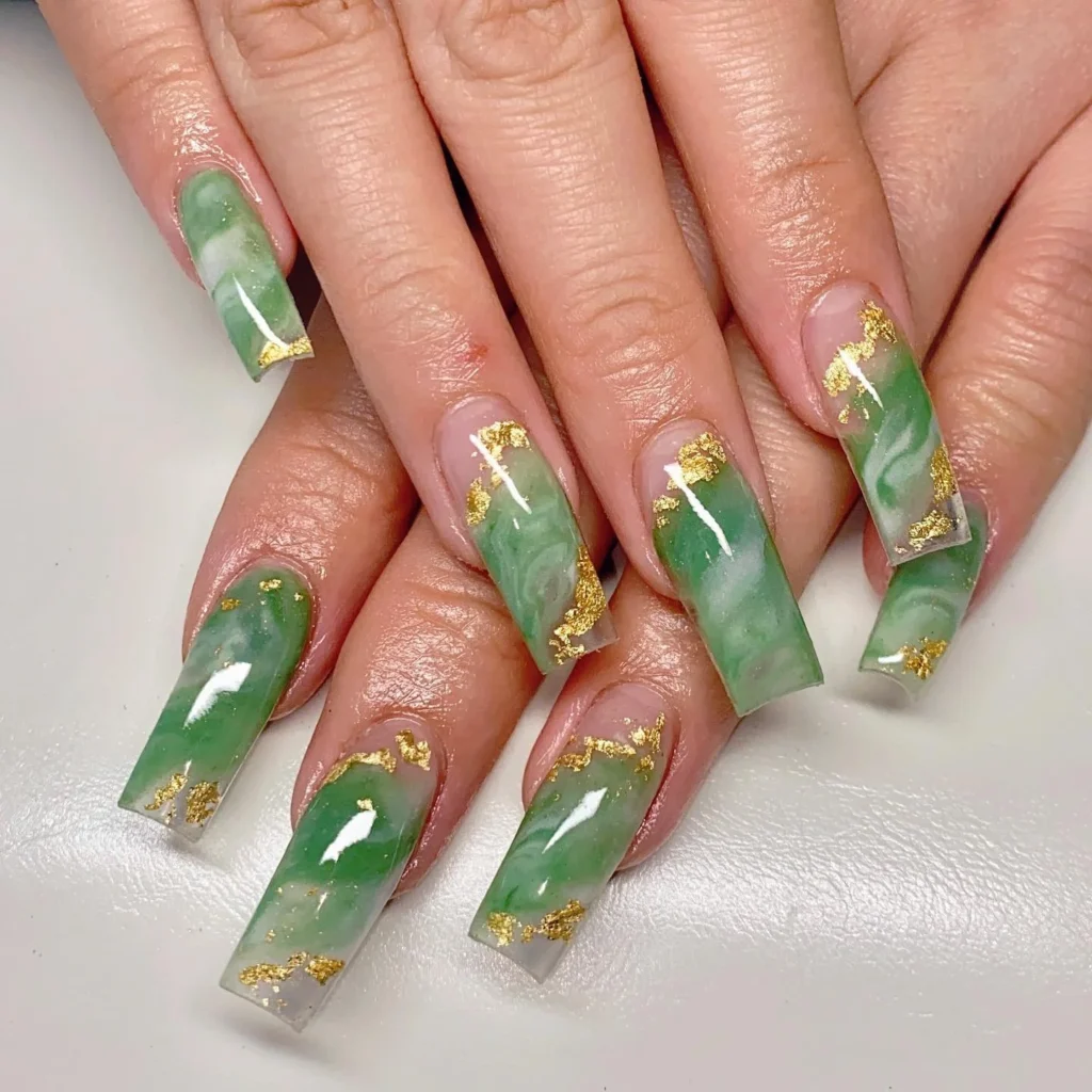 Jade Square Gold Foil Nails