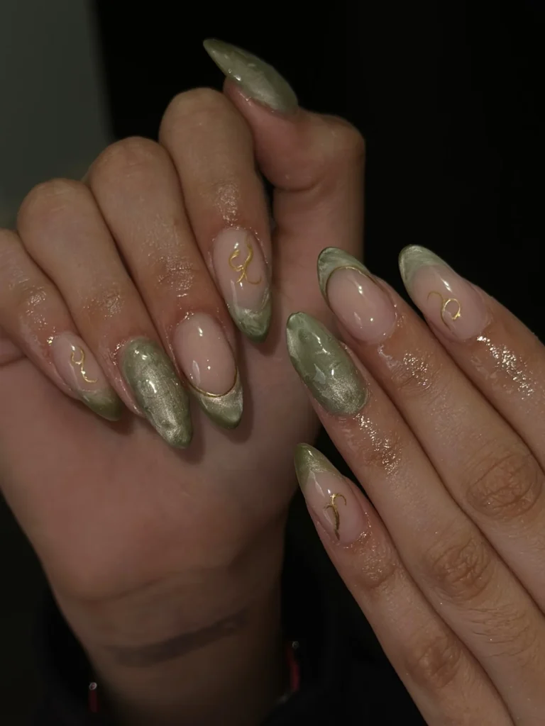 Olive Marble Almond Nails