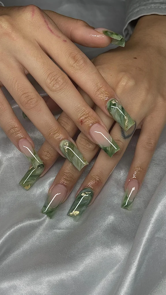 Square Jade Gold Foil Nails