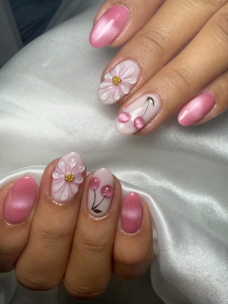 3D Flower and Pink Cherry Nails