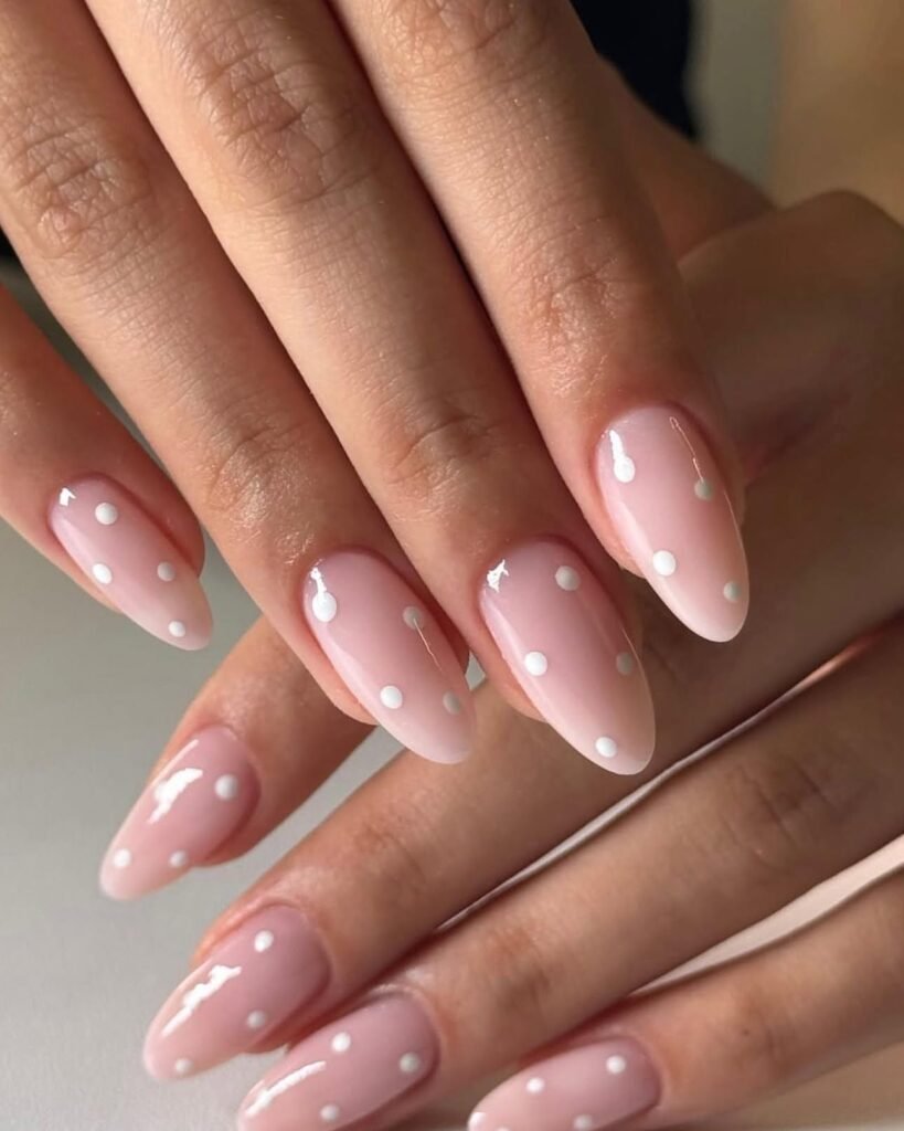 Baby Pink Polka Dot Almond Nails