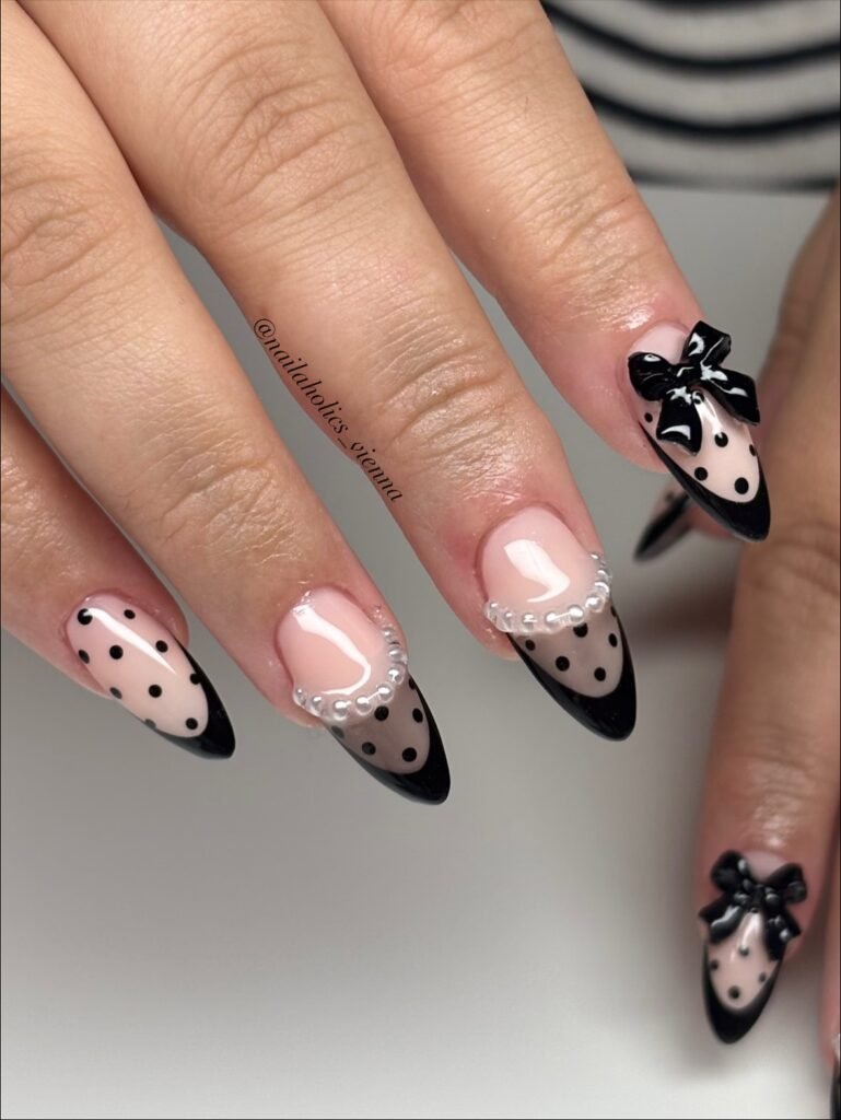 Black French Coquette Nails with Pearls and Bows