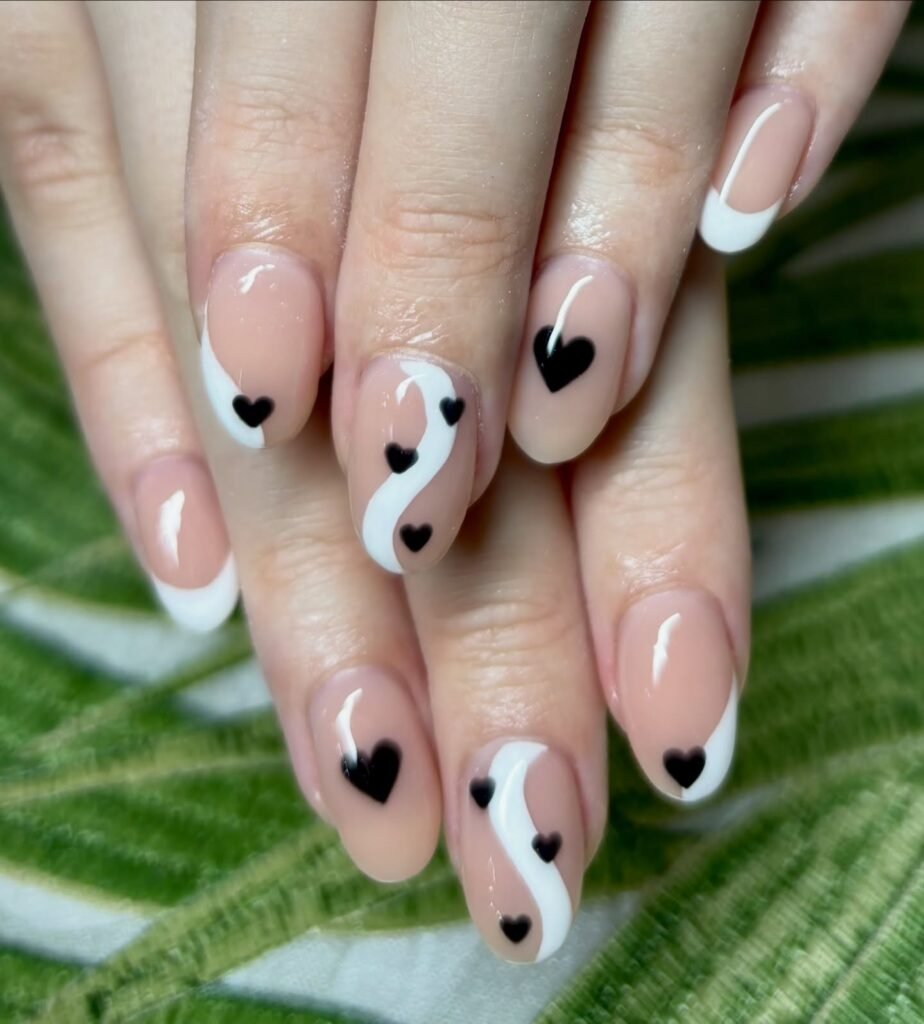 Black Heart French Tip Almond Nails