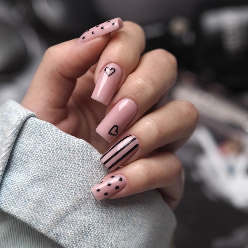 Blush Pink Heart Nails With Black Details