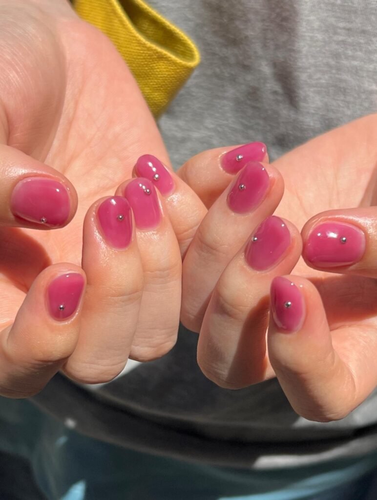 Bright Berry Pink Nails with Tiny Silver Studs