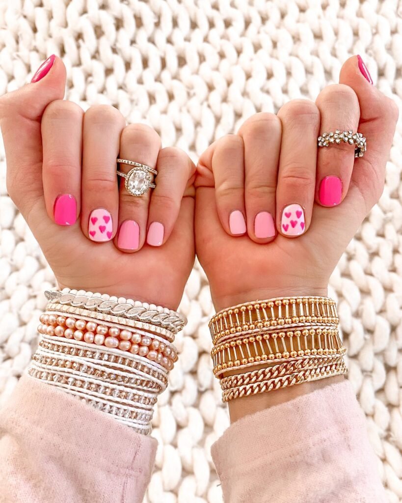  Bright Pink Heart Accent Nails
