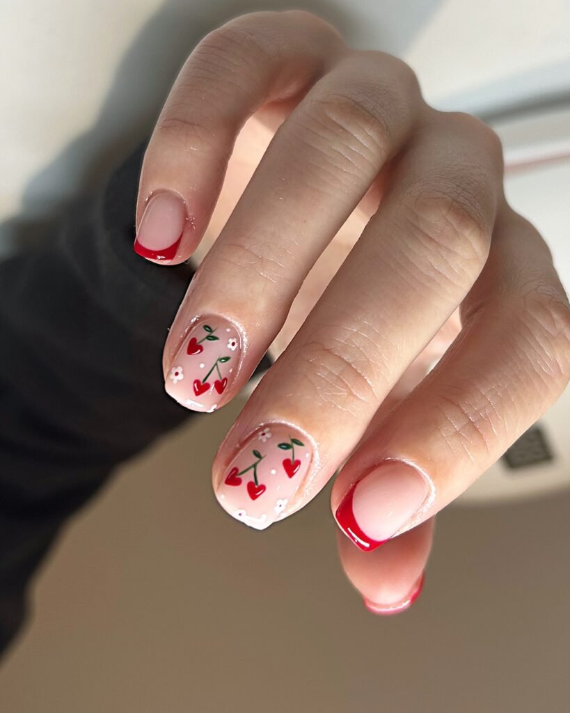 Cherry Heart French Tip Nails