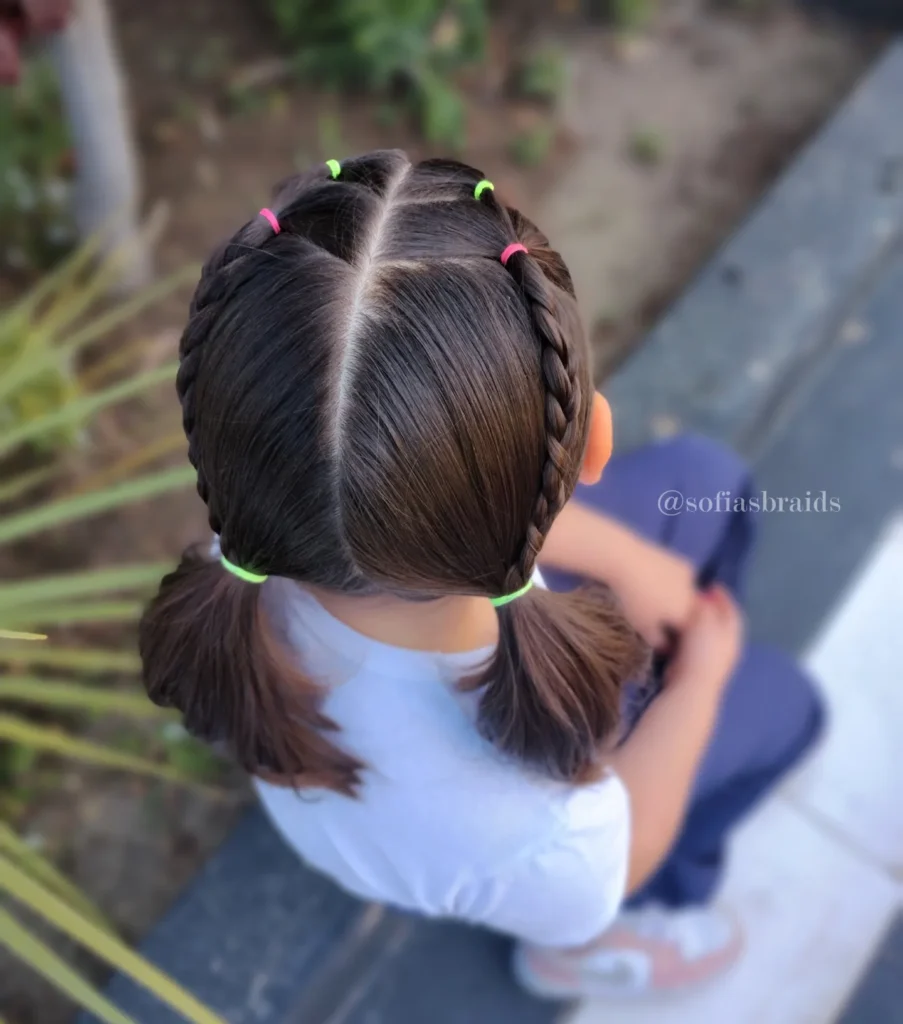 Double Braided Pigtails With Neon Elastics