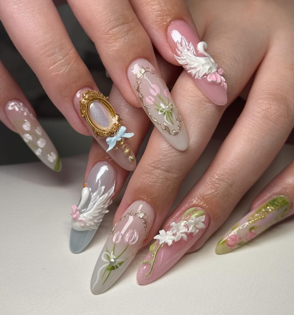 Fairy Garden Coquette Nails with Wings and Florals