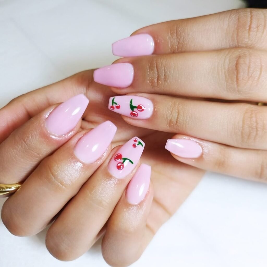 Glossy Baby Pink Cherry Coffin Nails