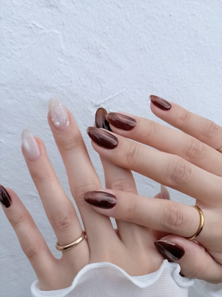 Glossy Mocha and Milky Almond Nails