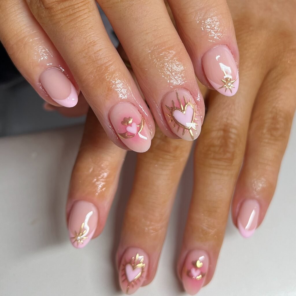  Gold Accent Pink Heart Nails