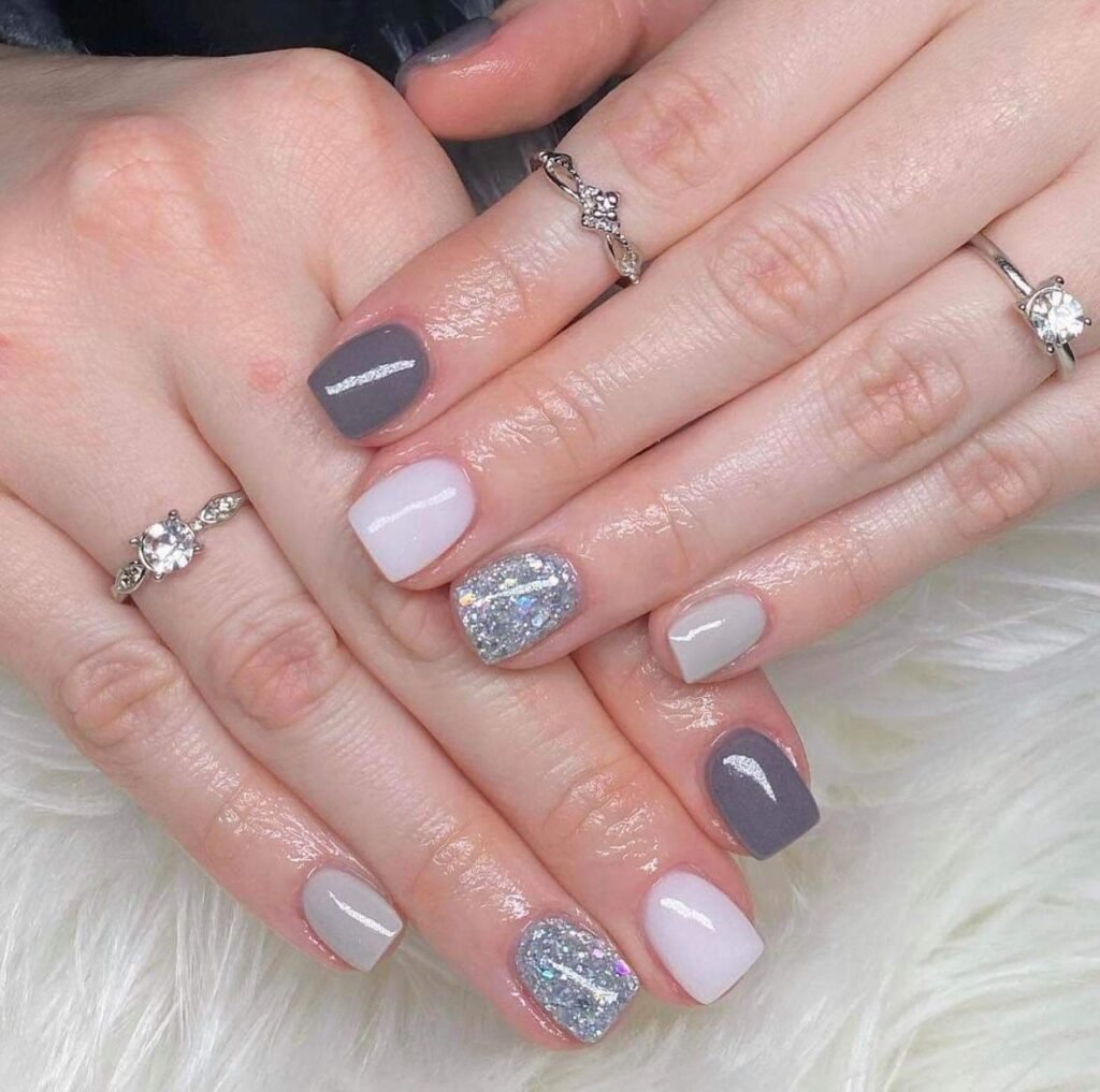 Grey, White, and Silver Glitter Short Nails