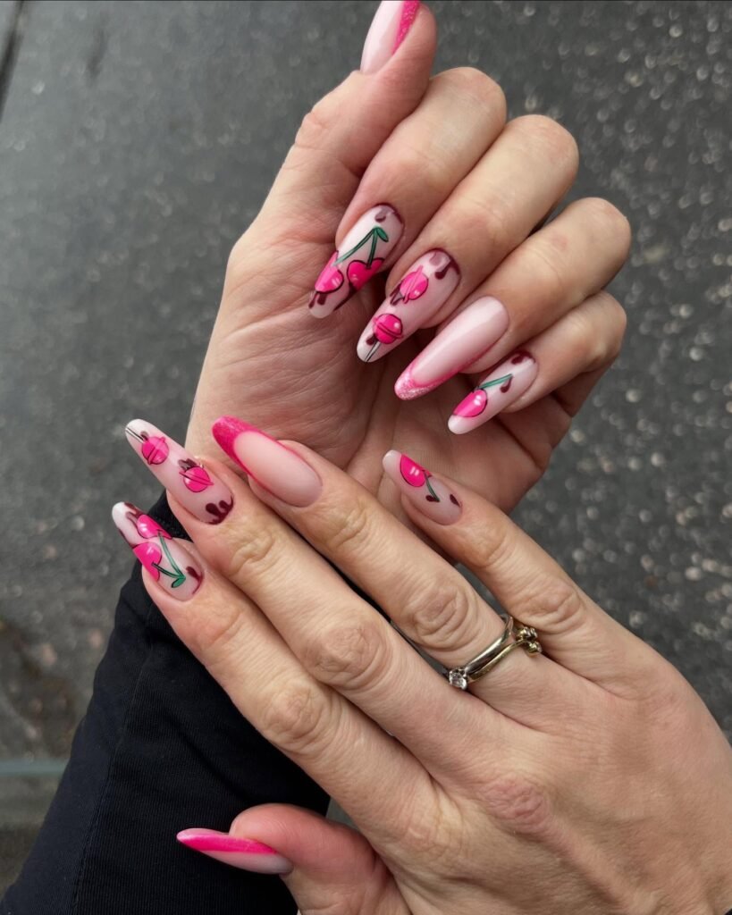 Hot Pink Cherry Almond Nails