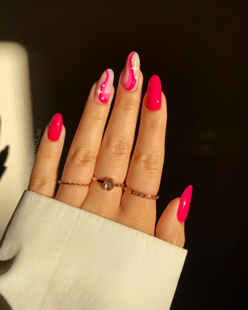 Hot Pink Swirl Almond Nails
