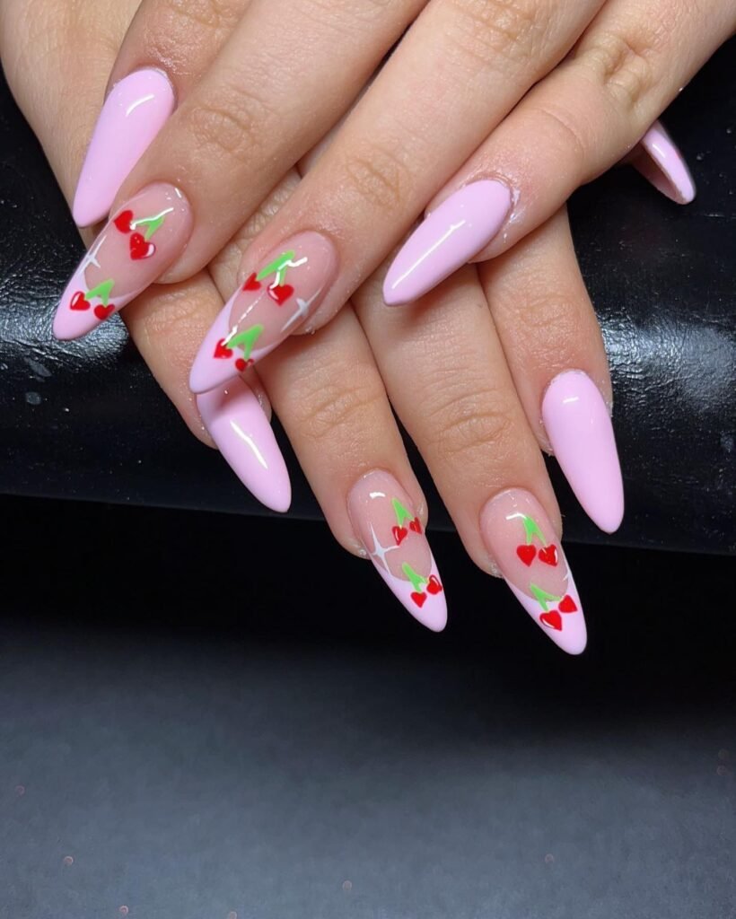  Long Pink Stiletto Cherry Nails