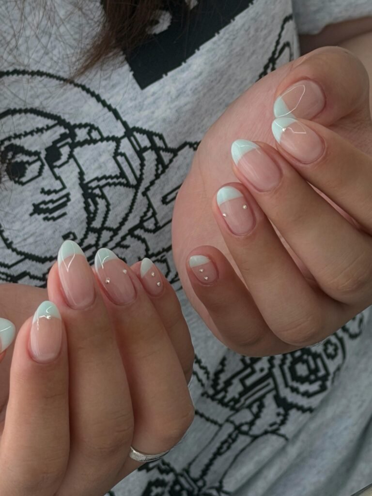 Mint French Tip Almond Nails with Tiny Gems
