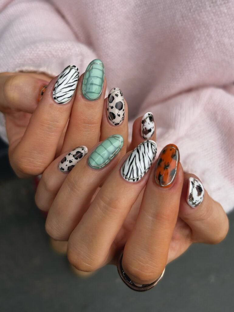 Mixed Animal Print Nails with Cow, Zebra, and Turquoise Details